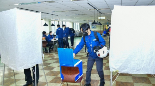 현대중공업 조합원들이 22일 울산 본사 등에서 2021년 임금협상 잠정합의안 찬반투표를 하고 있다. <연합뉴스>